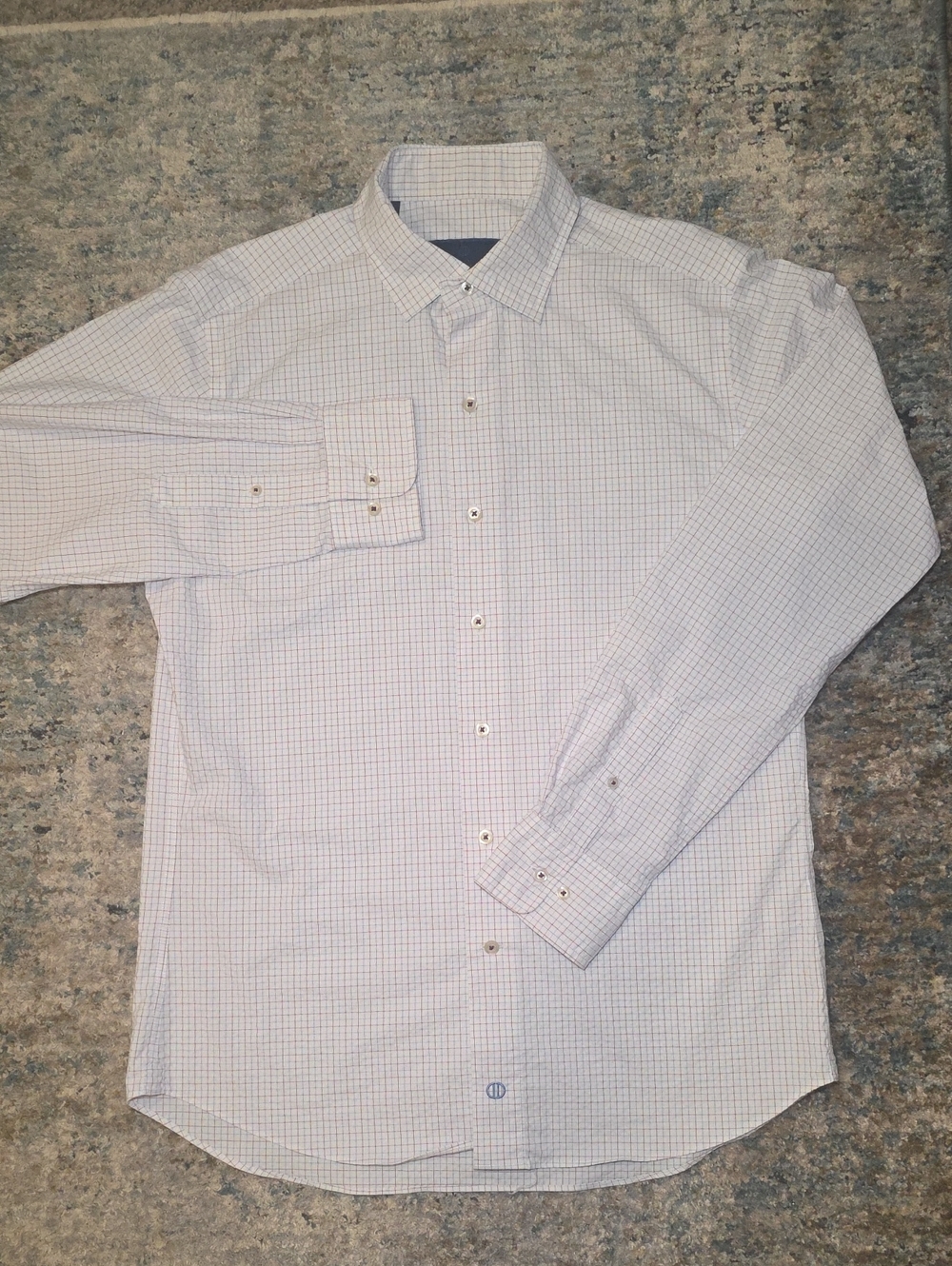 David Donahue White Dress Shirt with Light Blue and Pink Check